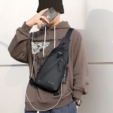 Bolso de Pecho de Nylon Impermeable para Hombre Con Puerto de Carga USB Externo Bolso Bandolera Casual para Viajes Deporte Exterior