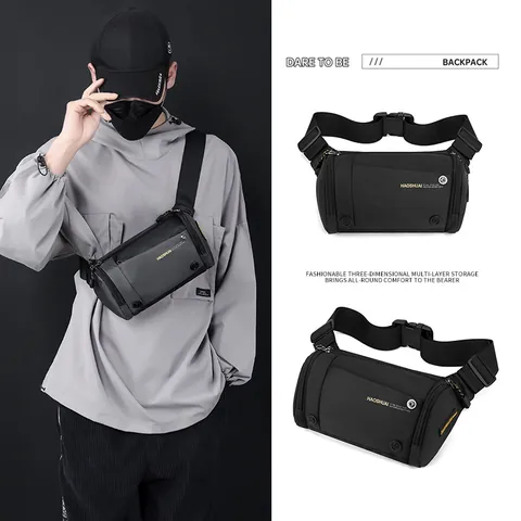 Sac de Poitrine en Nylon Imperméable pour Hommes Grande Capacité Multi Fermeture Éclair Sac Banane Cylindrique Techwear Sling Bag Sac à Bandoulière Sport Casual