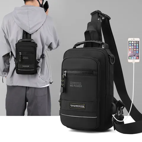 Men Waterproof Nylon Chest Bag With USB Charging Port Reflective Strip Tactical Crossbody Sling Bag Outdoor Travel Shoulder Bag