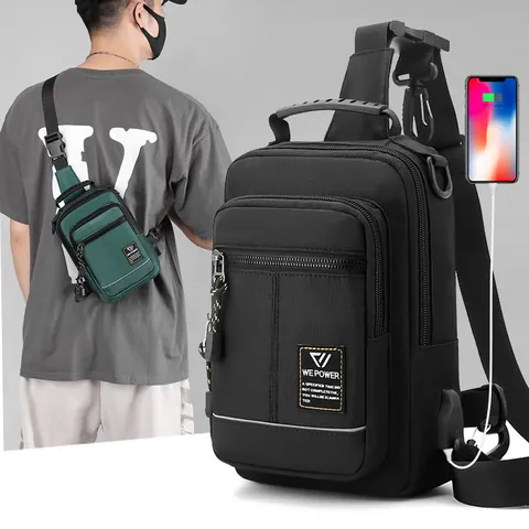Herren Mode Wasserdichte Nylon Brusttasche Lässige Umhängetasche Mit USB Ladeanschluss Mehrschichtiger Schulterrucksack