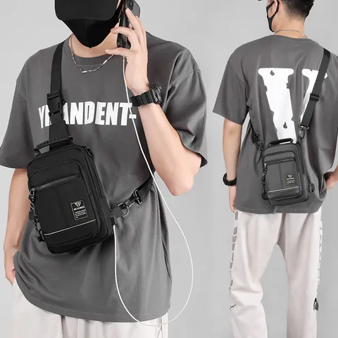 Herren Mode Wasserdichte Nylon Brusttasche Lässige Umhängetasche Mit USB Ladeanschluss Mehrschichtiger Schulterrucksack