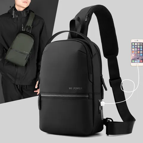 Sac de Poitrine Homme Imperméable en Nylon Port de Charge USB Sac Bandoulière Sac à Dos de Voyage Sport Mode Décontractée