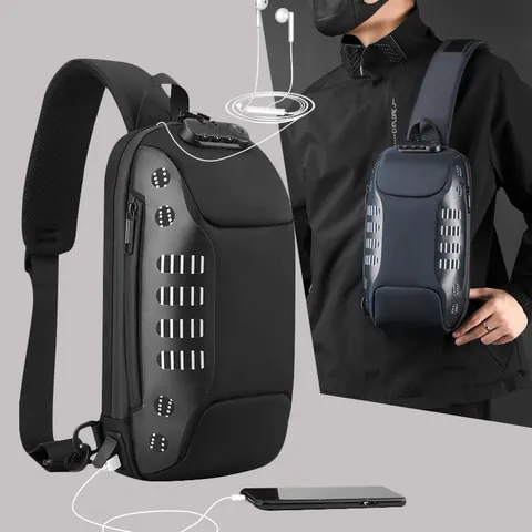 Men Anti-Theft Chest Bag USB Charging Port Waterproof Nylon Sling Bag Combination Lock Large Capacity Crossbody Bag Travel