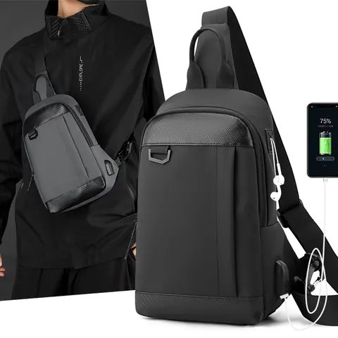 Herren Wasserdicht Brusttasche Nylon Umhängetasche Mit USB Ladeanschluss Kohlefaser Textur Sling Rucksack Für Reise Radfahren