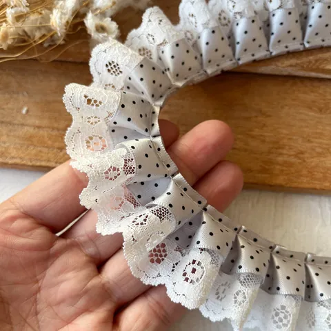 Vintage Lolita Style Double Layer Pleated Lace Trim Polka Dot Satin Ribbon For DIY Sewing Craft Edging Skirt Decoration