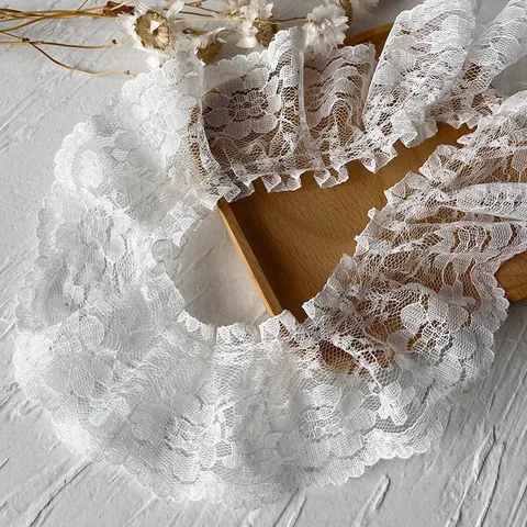 Floral Pleated Lace Trim Wide Polyester Ruffle Lace For Lolita Dress DIY Sewing Craft Home Decor Black White