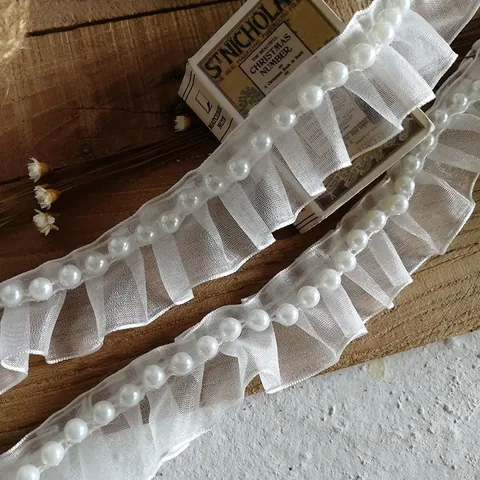 Witte Organza Geplooide Kanttrim Met Kunststof Kunstparels Beaded Ruffle Lint Voor DIY Kleding Naaien Thuisdecoratie Accessoires
