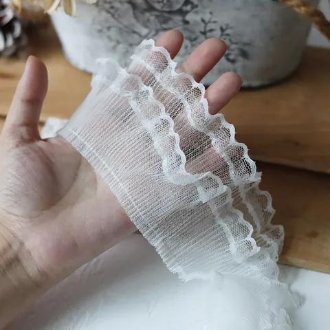 French Style Layered White Pleated Lace Trim Ribbon For DIY Sewing Clothing Collar Cuff Decoration Polyester Fabric
