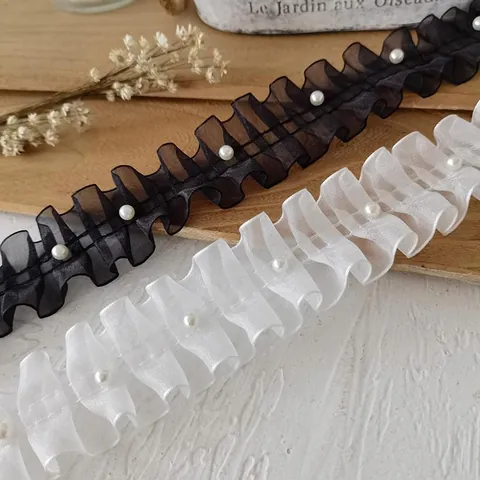 Bordo in Pizzo di Organza Increspato Con Finta Perla Artificial Nastro a Onde Per Cucito Abbigliamento Fai Da Te Matrimonio Decor
