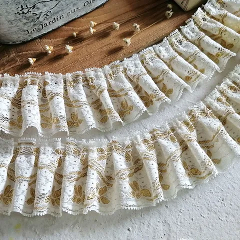 Bordo in Pizzo Arricciato Bianco Con Ricamo Dorato Motivo Floreale a Foglia Per Accessori Cucito Abito Lolita Fai Da Te