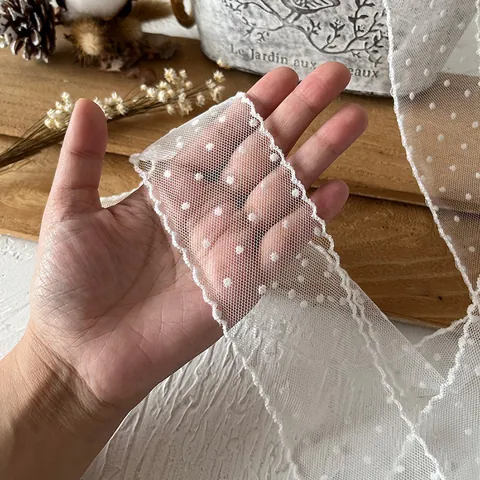 Encaje de Malla Con Lunares Flocados Y Borde Festoneado Para Decoración de Ropa Lolita Bricolaje Costura