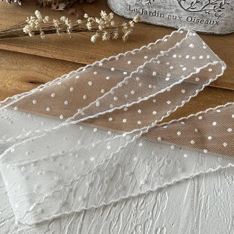 Encaje de Malla Con Lunares Flocados Y Borde Festoneado Para Decoración de Ropa Lolita Bricolaje Costura