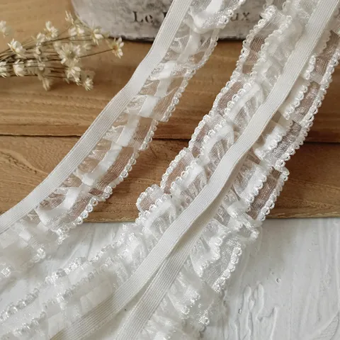 White Double Layer Elastic Lace Trim Ruffle Pleated Edging Ribbon For DIY Sewing Craft Doll Clothing Home Decor Accessories