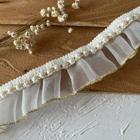 Französischer Stil Plissee Weiße Organza Spitzenbesatz Mit Perlenimitat Und Goldfadenrand DIY Kleidung Nähzubehör