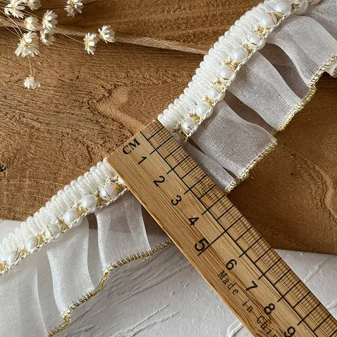 Französischer Stil Plissee Weiße Organza Spitzenbesatz Mit Perlenimitat Und Goldfadenrand DIY Kleidung Nähzubehör