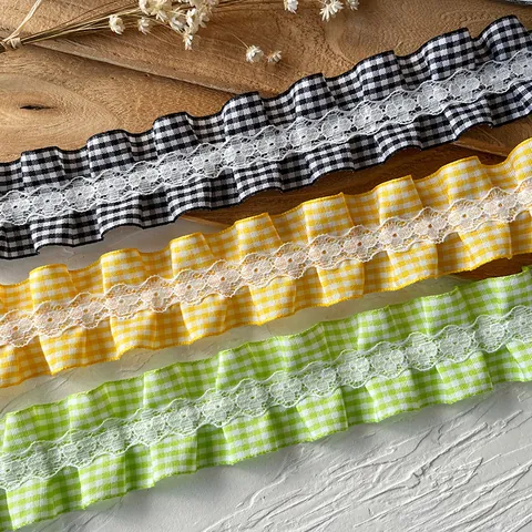 Gingham Karo Falten Rüschen Spitzenbesatz Polyester Band DIY Handarbeit Kleidung Nähen Heimdeko Kissen Pastoraler Stoff