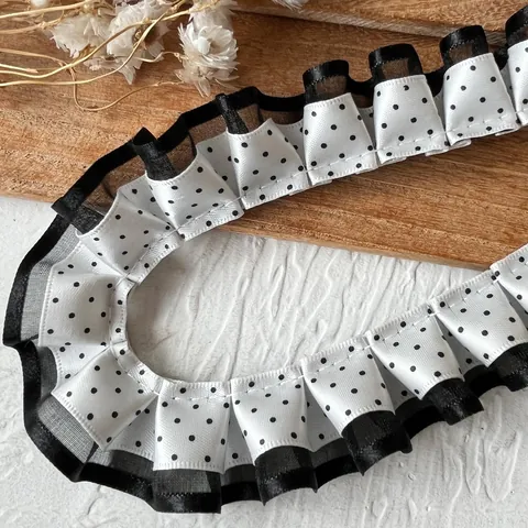 Borde de Encaje con Volantes de Lunares de Doble Capa Para Artesanía DIY Cinta de Satén de Poliéster Costura Decoración