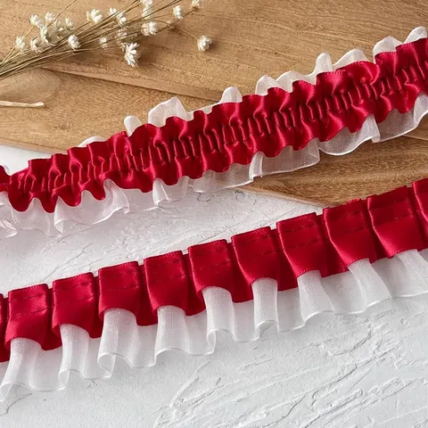 Red White Pleated Ruffle Lace Trim Satin Organza Ribbon For DIY Sewing Skirt Hem Decoration Garment Accessory