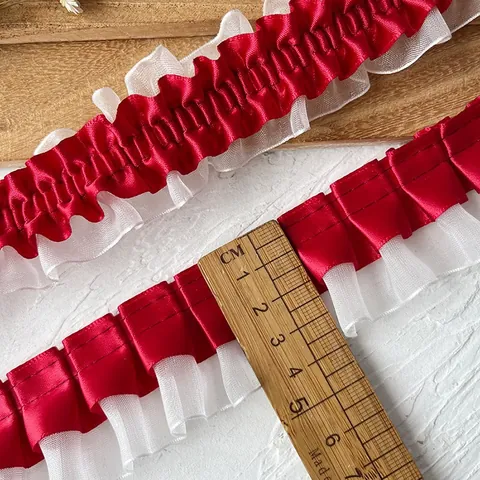 Red White Pleated Ruffle Lace Trim Satin Organza Ribbon For DIY Sewing Skirt Hem Decoration Garment Accessory