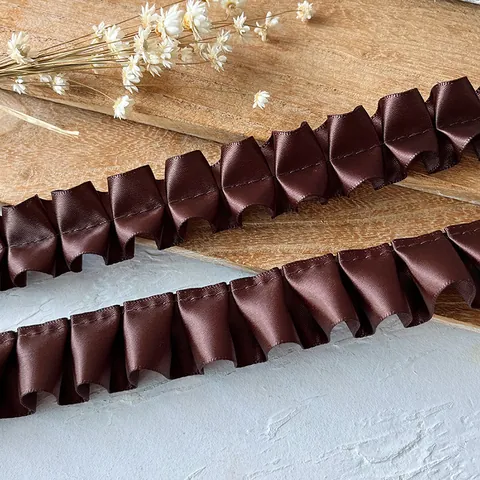 Ribete de Encaje de Cinta de Satén de Poliéster con Volantes Marrón Café Tela Plisada para Decoración de Ropa Artesanía DIY Accesorio