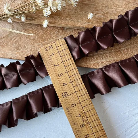 Ribete de Encaje de Cinta de Satén de Poliéster con Volantes Marrón Café Tela Plisada para Decoración de Ropa Artesanía DIY Accesorio