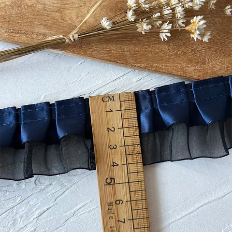 Marineblau Plissee Satin Spitzenborte Seidige Rüschenband Mit Netz Für DIY Bekleidungsdekoration Handgemachte Bastelzubehör