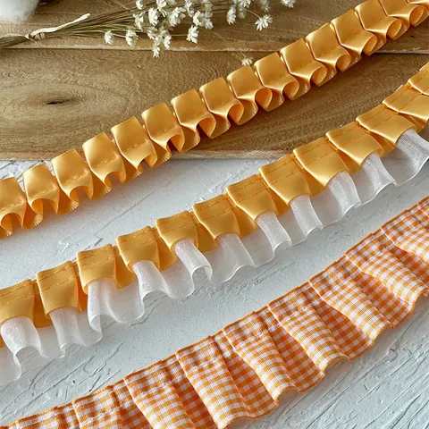 Orange Pleated Ruffle Lace Trim Decorative Satin Organza Ribbon For DIY Sewing Craft Clothes Hem Embellishment Accessories