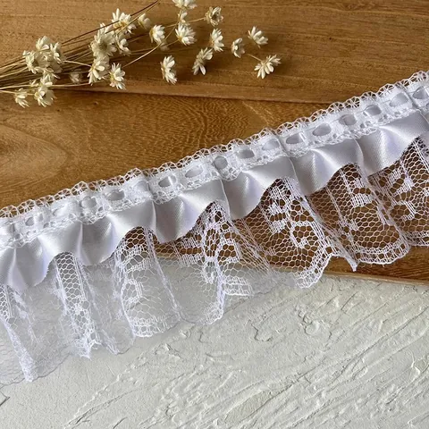 White Pleated Lace Trim Ribbon With Satin Insert Layered Ruffle Lace Edge For DIY Sewing Craft Wedding Dress Decoration
