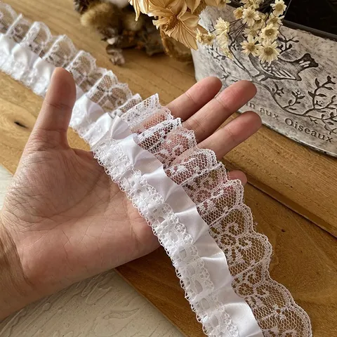 White Pleated Lace Trim Ribbon With Satin Insert Layered Ruffle Lace Edge For DIY Sewing Craft Wedding Dress Decoration