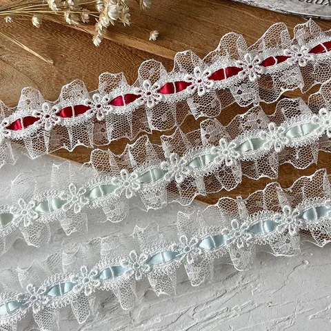 Gerüschte Spitzenborte Mit Satineinsatz Blumenstickerei Plissiertes Spitzenband Für DIY Handwerk Hochzeitskleid Bekleidungszubehör