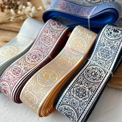 Holographic Mystical Ribbon With Gold Silver Hot Stamping Hexagram Mandala Pattern Vintage Decorative Satin Ribbon For DIY Crafts Gift Wrapping