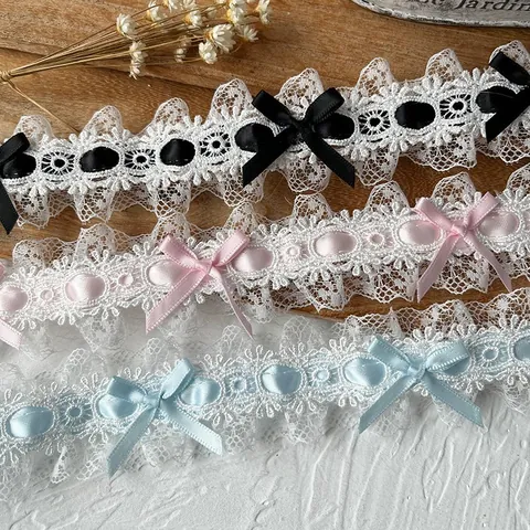Franse Lolita Stijl Kant Afwerking Met Satijnen Strikken Polyester Lint Geplooid Materiaal Voor DIY Ita Bag Handwerk Kleding Accessoire
