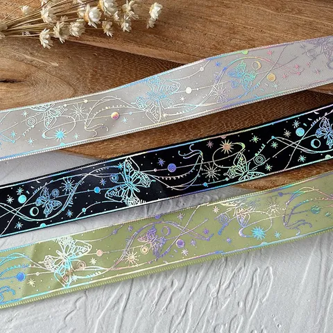 Nastro di Satin con Motivo Farfalla Stella Luna Stampa Oro Argento Laser Olografico Nastro Decorativo per DIY Artigianato