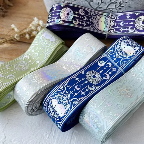 Holografisch Hemels Kat Maan Ster Satijn Lint Fantasie Astrologie Folie Bedrukt Lint Voor DIY Ambachten Cadeauverpakking Feestdecoratie
