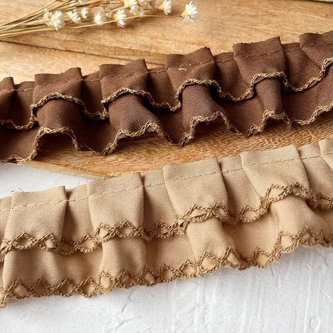 Brown Pleated Ruffle Lace Trim Satin Ribbon For DIY Sewing Crafts Clothing Decoration Vintage Coffee Edging Embellishment