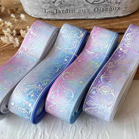 Holographic Laser Gradient Satin Ribbon With Rose Bird Poker Pattern Dreamy Decorative Ribbon For DIY Craft Gift Wrap