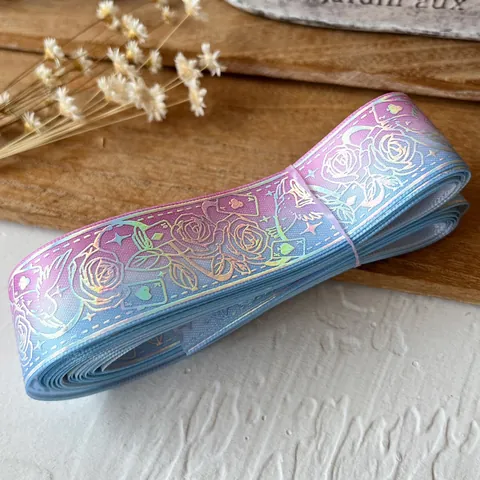 Holographic Laser Gradient Satin Ribbon With Rose Bird Poker Pattern Dreamy Decorative Ribbon For DIY Craft Gift Wrap