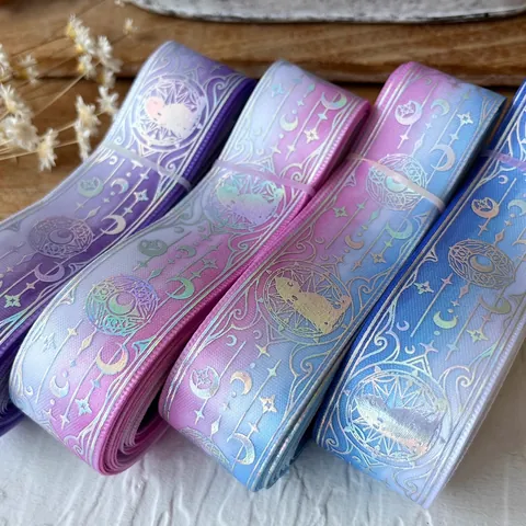 Nastro in Poliestere Sfumato Olografico Con Motivo Magico Gatto Luna Stella per Fai da Te Artigianato Confezioni Regalo Decorazione