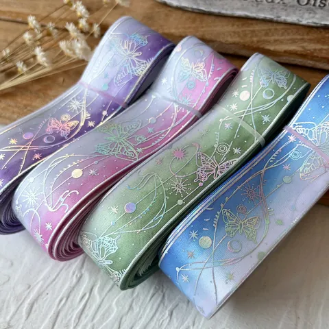 Gradiënt Vlinder Holografisch Satijnlint Laserbedrukt Sterrenhemel Maan Patroon Decoratief Lint Voor DIY Knutselen Cadeauverpakking