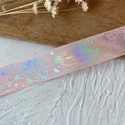 Vintage Gothic Holographic Satin Ribbon Butterfly Rose Laser Printed DIY Crafts Gift Wrapping Scrapbooking Decorative Fabric