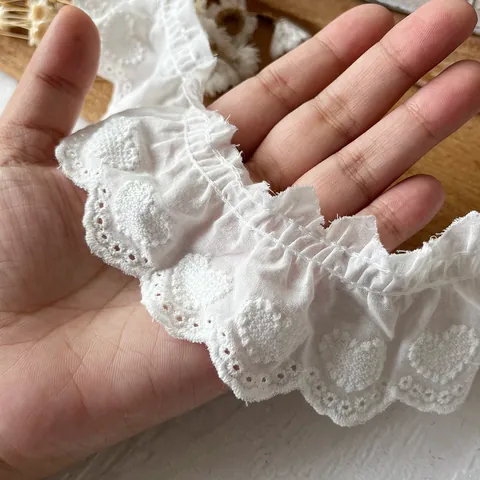 Ribete de Encaje Bordado Corazón Blanco Algodón Puro Cinta con Ojales y Volantes para Costura DIY Ropa Falda Dobladillo Escote Accesorios