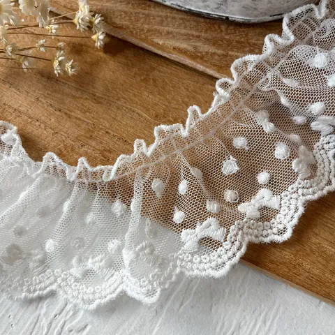 White Polka Dot Embroidered Ruffle Lace Trim Wide Pleated Mesh Ribbon For DIY Sewing Craft Apparel Home Decor