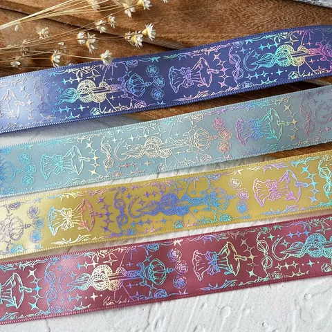 Holographic Laser Polyester Ribbon Gothic Snake Sword Rose Pattern Decorative Ribbon For DIY Crafts Gift Wrapping Decoration