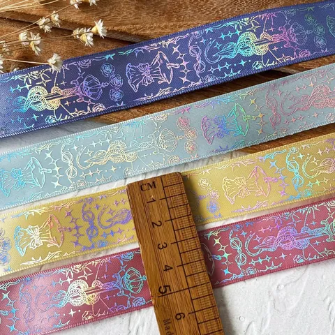 Holographic Laser Polyester Ribbon Gothic Snake Sword Rose Pattern Decorative Ribbon For DIY Crafts Gift Wrapping Decoration