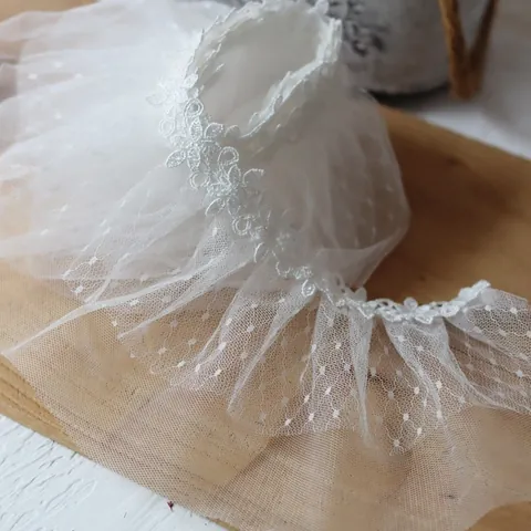 White Pleated Lace Trim Polka Dot Mesh Floral Embroidery Ruffled Chiffon Fabric For Wedding Dress DIY Sewing Accessories
