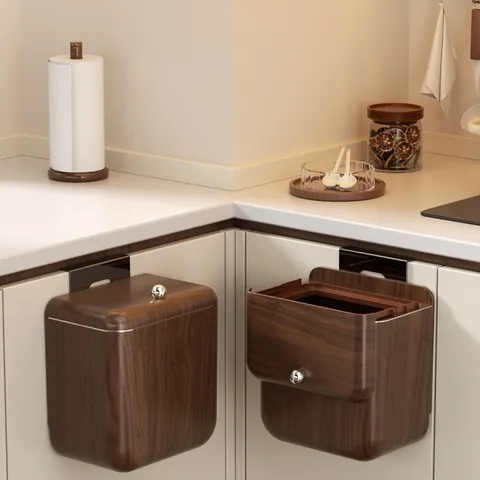Pattumiera da Cucina a Parete Con Coperchio Struttura in Legno di Noce Pattumiera Sospesa per Bagno Contenitore per Rifiuti a Ribalta