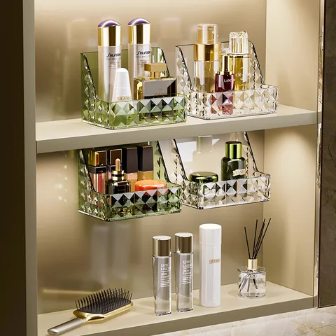 Diamond Pattern Bathroom Makeup Organizer Wall Mounted No Drill Cosmetic Storage Box Mirror Cabinet PET Plastic Organizer Case With Gold Handle