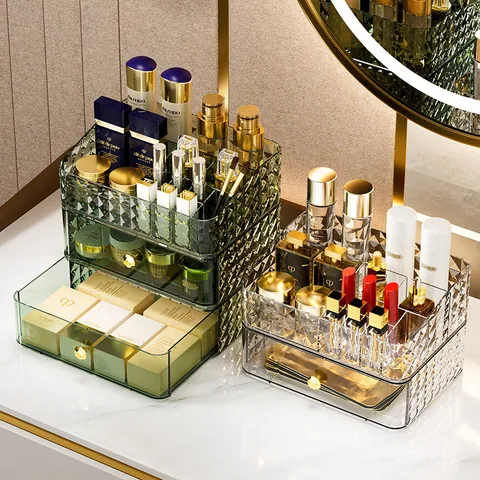 Luxury PET Makeup Organizer Diamond Texture Cosmetic Storage Box With Drawer Gold Handle Desktop Dresser Skin Care Lipstick Display Case