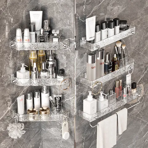 Badezimmer Eckregal Ohne Bohren Selbstklebend Wandregal Gletscher-Textur Transparentes Duschregal Für Toilette Und Küche