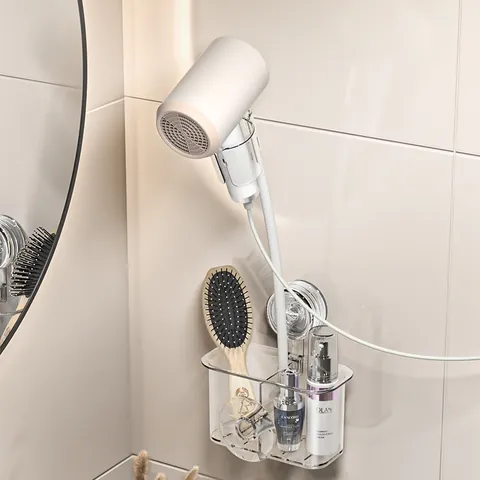 Wandmontierter Haartrockner Halter Mit Vakuum Saugnapf Transparenter Kunststoff Badezimmer Lagerregal Für Föhn Kämme Ohne Bohren